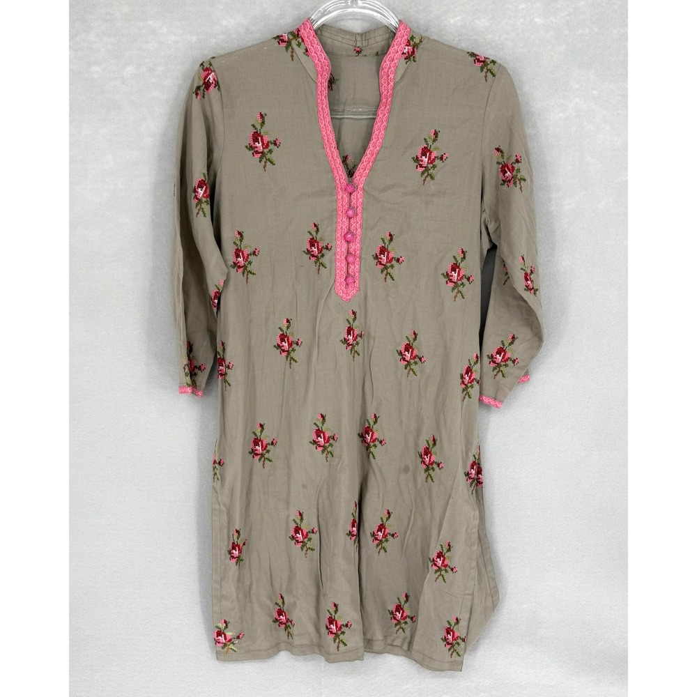 Boho Tunic Dress Womens Medium Gray Floral Embroidered Shift 3/4 Sleeve V Neck